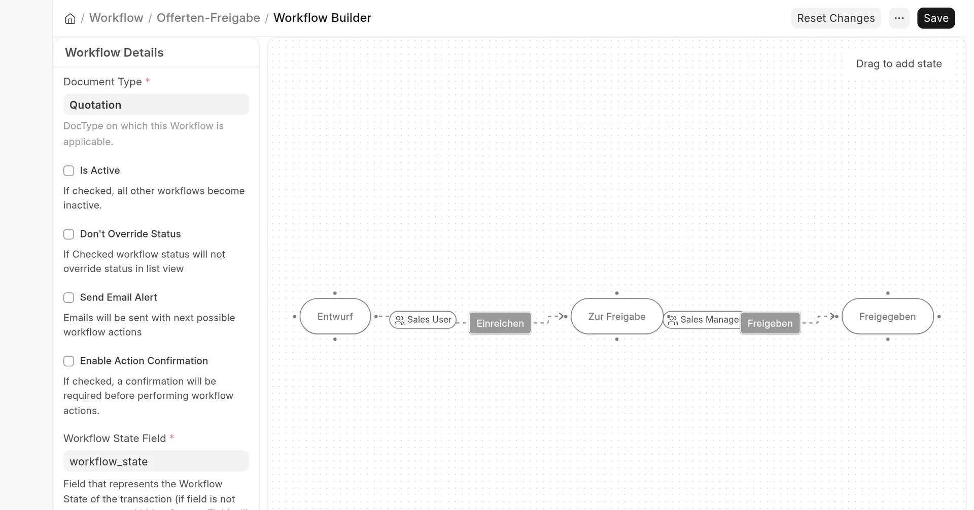 Workflow builder in ERPNext with the approval of a quotation
