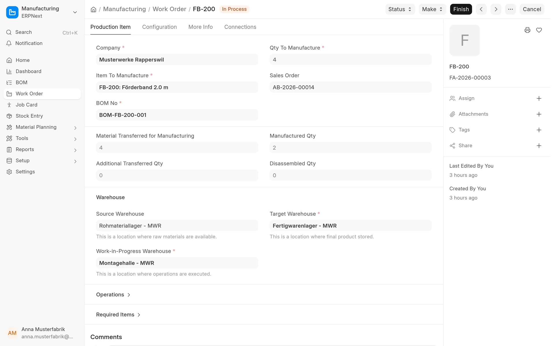 Work order in ERPNext with produced quantity, operations and warehouses